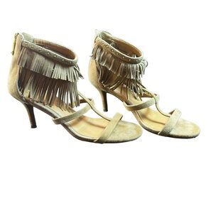 Report Signature Fringe Khaki Tan Fringe Suede Gold Zipper Low Heel Sandals sz 7
